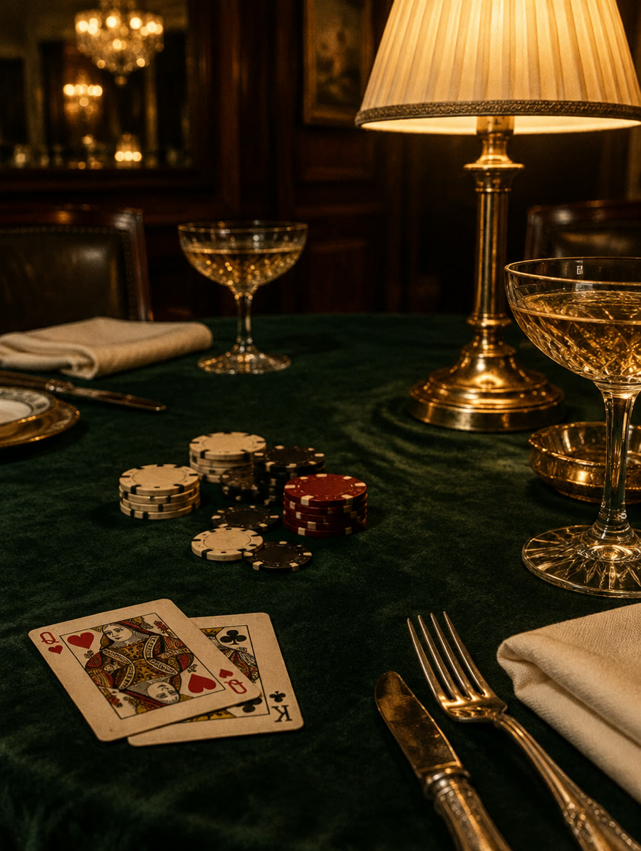 Groen vilt, kristallen glazen en fiches in de warme sfeer van een klassiek casino